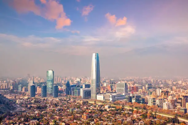 The skyline of Santiago in Chile at sunset.