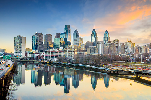 Downtown Skyline of Philadelphia, Pennsylvania at twilight in USA