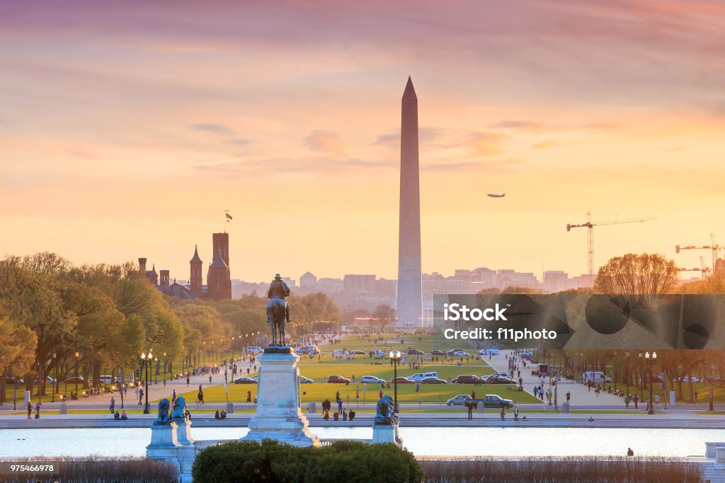 Washington DC city view at a orange sunset, including Washington Washington DC city view at a orange sunset, including Washington Monument from Capitol building Washington DC Stock Photo