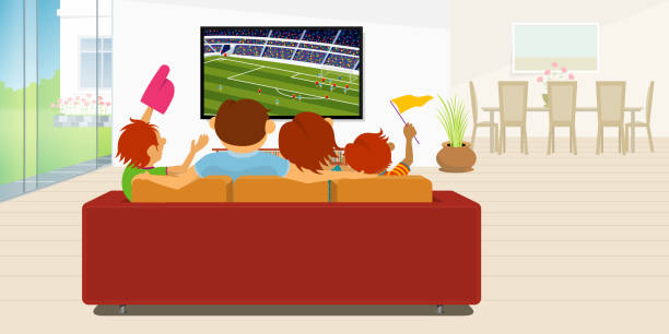 familie mit 4 mitgliedern sitzt auf einem roten sofa in ihrem wohnzimmer in ihrem haus gerade ein fußballspiel auf einem großen flachen fernseher im laufe des tages - flat screen stock-grafiken, -clipart, -cartoons und -symbole