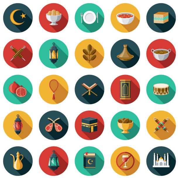 Ramadan Flat Design Icon Set A set of flat design styled Ramadan icons with a long side shadow. Color swatches are global so it’s easy to edit and change the colors. File is built in the CMYK color space for optimal printing. baklava stock illustrations