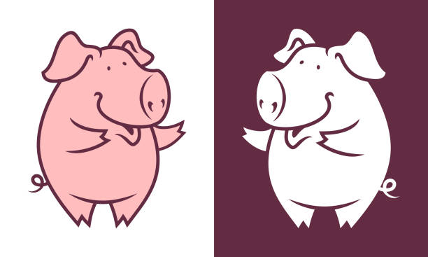 Friendly pig character Dancing pig mascot. Cute piggy silhouette character. Pigtails stock illustrations
