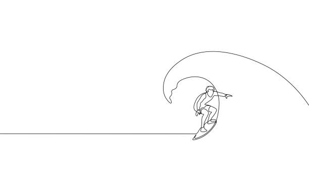 Single continuous one line art surfer vacation sea wave. Active sport summer holiday tropical luxury journey surfboard concept design sketch surfing outline drawing vector illustration Single continuous one line art surfer vacation sea wave. Active sport summer holiday tropical luxury journey surfboard concept design sketch surfing outline drawing vector illustration art breaking wave stock illustrations