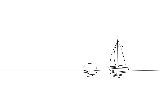 Single continuous one line art sunny ocean travel vacation. Sea voyage sunrise holiday tropical island ship yacht luxury journey sunset concept design sketch outline drawing vector illustration art