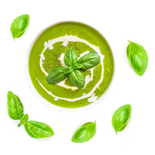 istock Isolated Flying herbs.Creative layout with basil leaf, paprika, green pepper. Flat lay. Food ingredients isolated on white background, close up