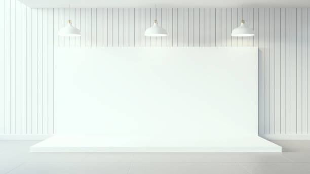 istock Empty white poster on white wooden wall and interior design / 3d render image 975521454