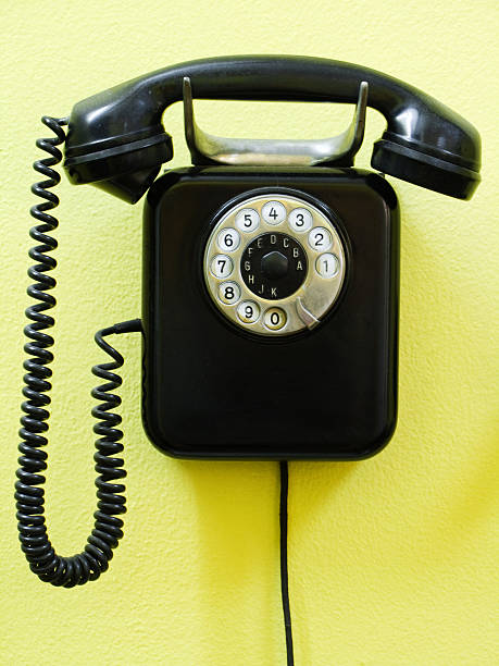 A black vintage phone on a yellow wall