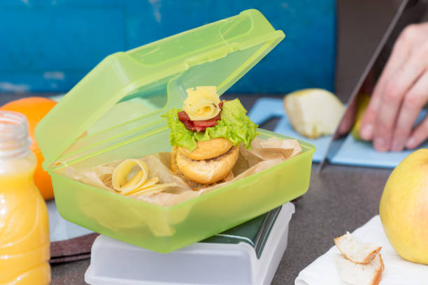 woman prepares lunch and puts it  into food box - child human hand sandwich lunch box imagens e fotografias de stock