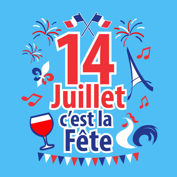 Bastille Day - French National Day Bastille Day is the French National Day to celebrate the unity of French people on the date 14th July with fireworks, French flag, symbol and red wine bastille day stock illustrations