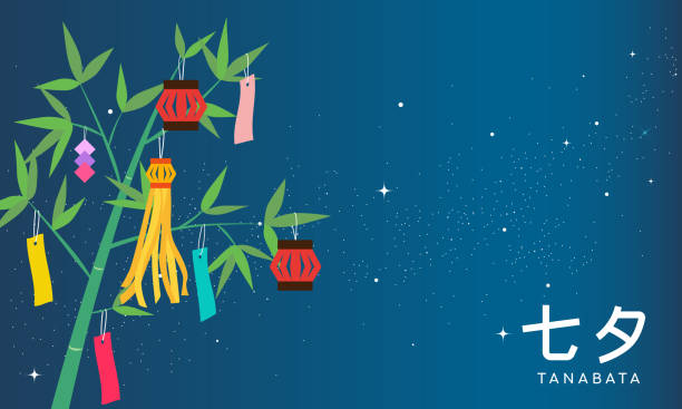 ilustrações, clipart, desenhos animados e ícones de tanabata, ou star festival banner ilustração vetorial. árvore de bambu com decoração no fundo da via láctea. em japonês é escrito "tanabata". - lantern wishing sky night