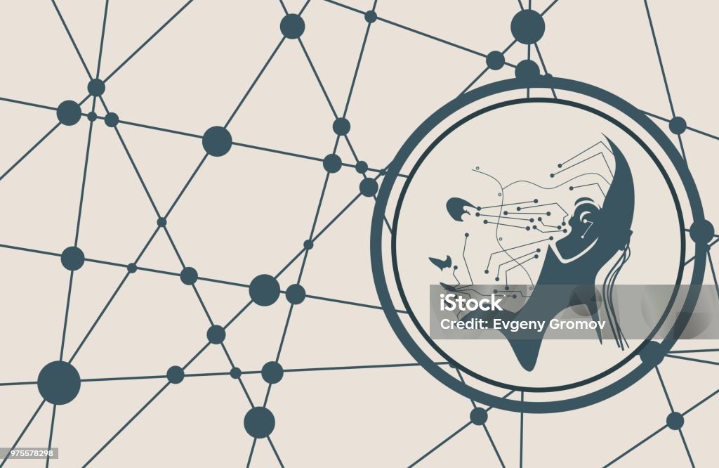 Abstract humanoid robot Humanoid robot head. Robotics industry relative image. Molecule and communication technology background. Connected lines with dots. Adult stock vector
