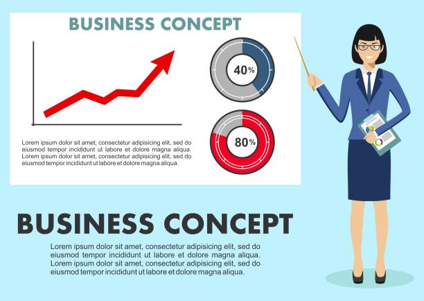 business-konzept. geschäftsfrau in der nähe von whiteboard und deutete auf das diagramm von finance analytics. graph mit trendlinie aufsteigen und münzen mit zeichen des dollars im flachen stil isoliert. vektor-illustration - graph arrow sign chart single line stock-grafiken, -clipart, -cartoons und -symbole