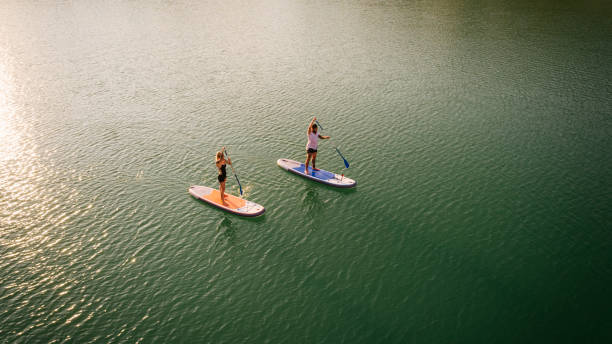 Paddleboarding Aerial view of couple paddleboarding on the lake. paddleboard photos stock pictures, royalty-free photos & images