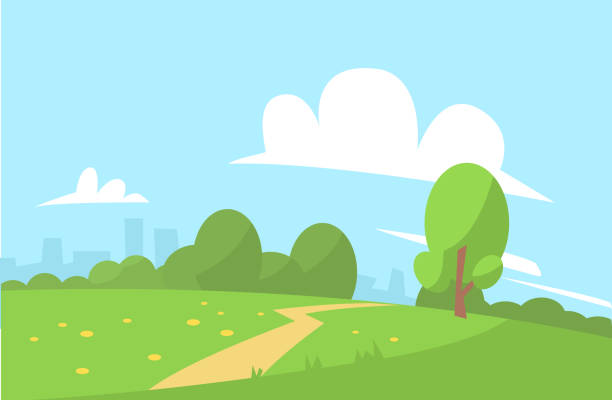 letni krajobraz wektor ilustracji styl kreskówki - green grass obrazy stock illustrations