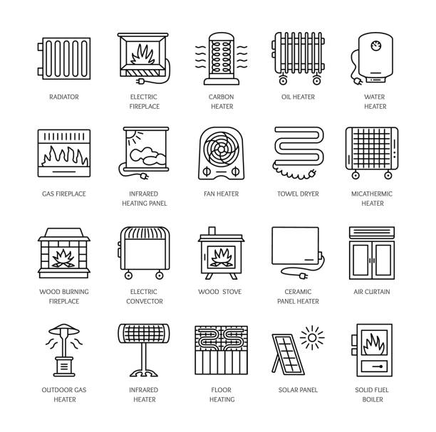 ilustraciones, imágenes clip art, dibujos animados e iconos de stock de iconos de línea vectorial con radiador, convector y chimenea. calefacción para el hogar y oficina. diferentes estilos de gas, aceite y calentadores eléctricos. - horno aparato de producción de energía