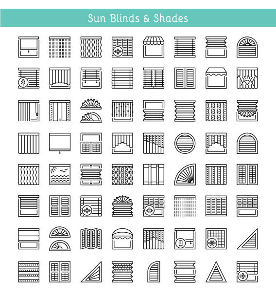 Blinds & Shades. Sun protection.  Interior shutters & panel curtains. Line icon collection. Blinds & Shades. Sun protection. Room darkening & light blocking  jalousies. Interior shutters & panel curtains. Home decorative elements. Window coverings. Line icon collection. Blinds stock illustrations