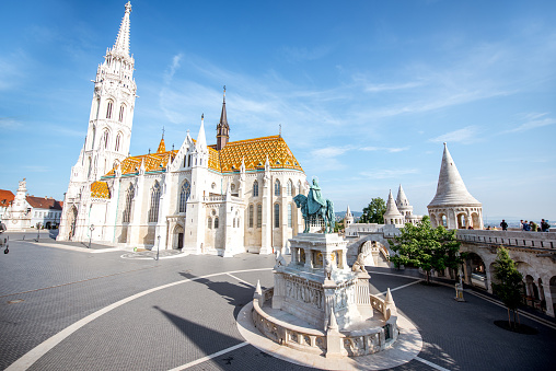 Morning view on the famous Matthias church with bronze statue of Stephen in Budapest, Hungary