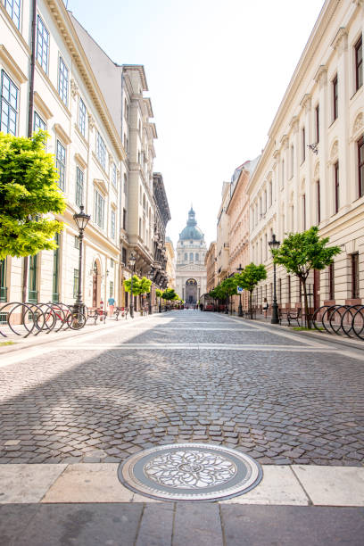 Street view with famous saint Stephen cathedral in Budapest city, Hungary