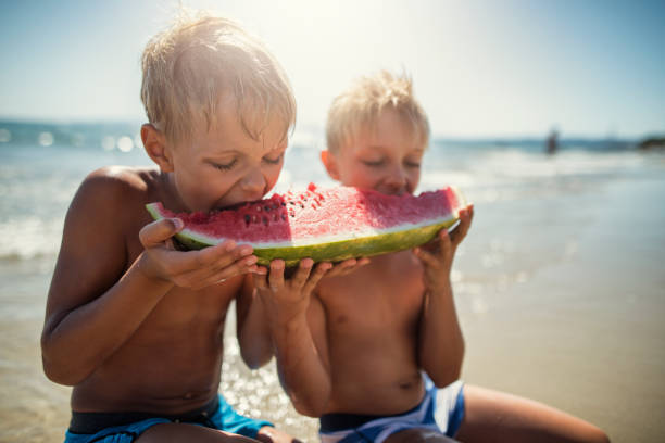 petits frères manger le melon d’eau sur la plage - water touching sensory perception using senses photos et images de collection