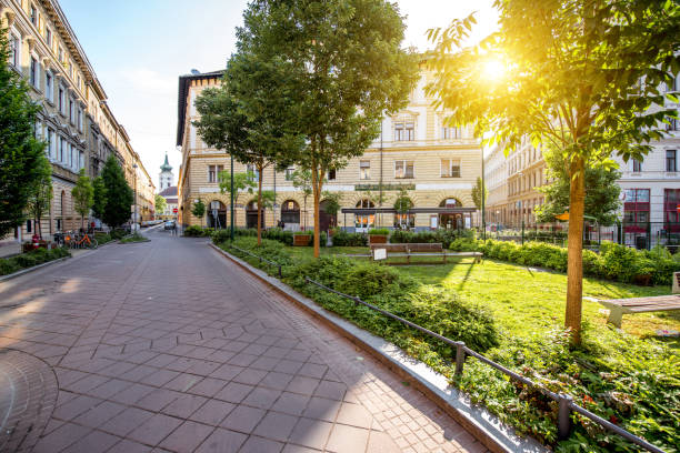 Little square near the Great market hall during the sunrise in Budapest city, Hungary
