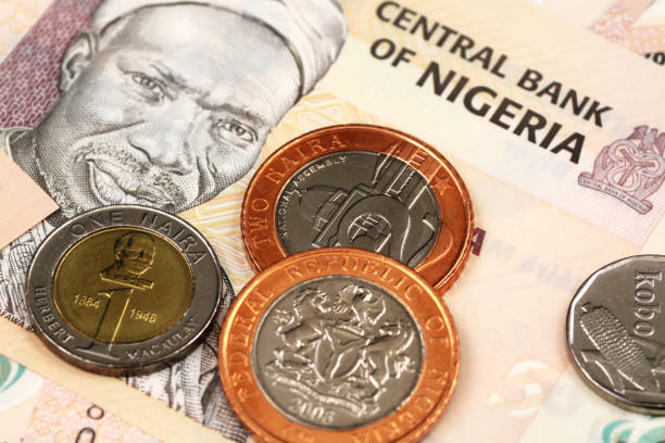 A close up image of Nigerian money A close up image of Nigerian bank notes and coins abuja stock pictures, royalty-free photos & images