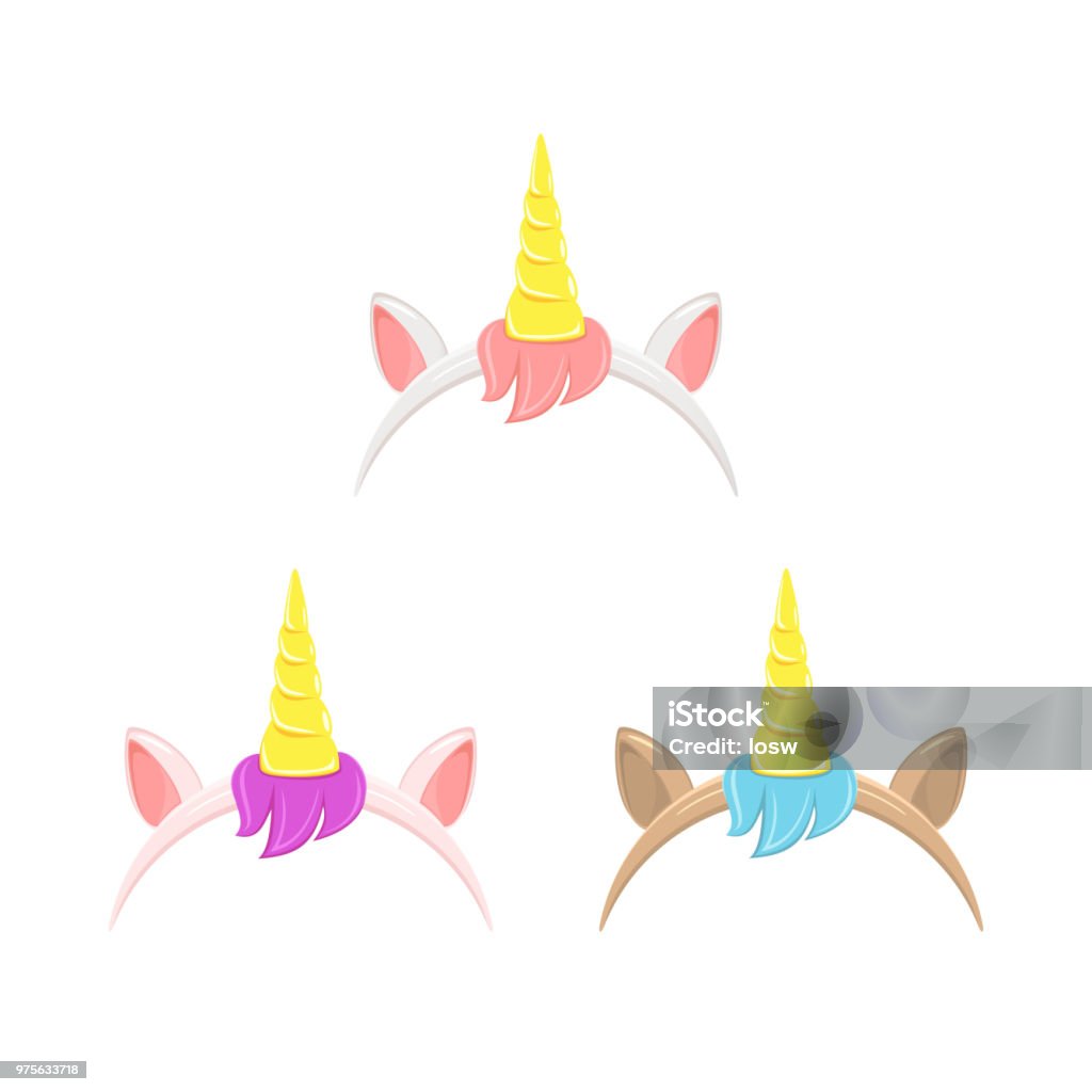 Set of unicorn headbands with hair Set of unicorn headbands with hair, ears and horn, isolated on white background, illustration. Unicorn stock vector