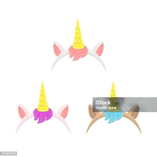 Set Of Unicorn Headbands With Hair Stock Illustration - Download Image Now - Unicorn, Animal, Animal Body Part