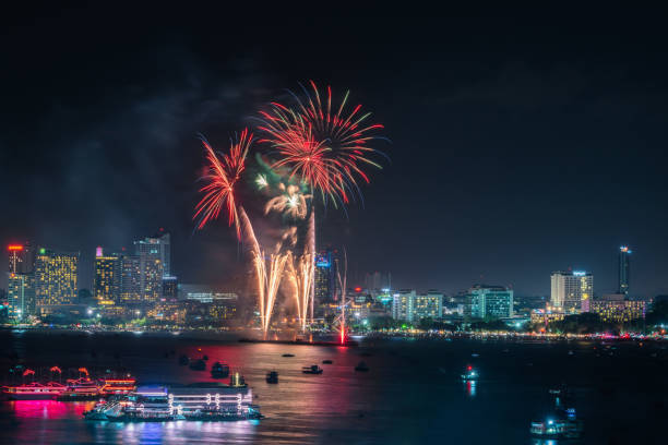 istock Colorful of firework in Pattaya beach, Thailand 975649084