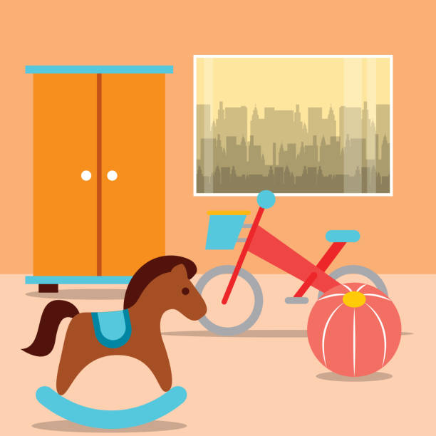 rocking horse bike ball with closet in room rocking horse bike ball with closet in room vector illustration ursus tractor stock illustrations