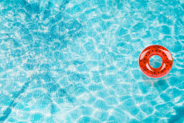 istock Pool floats, rings floating in a refreshing blue swimming pool with palm tree leaf shadows in water 975666148