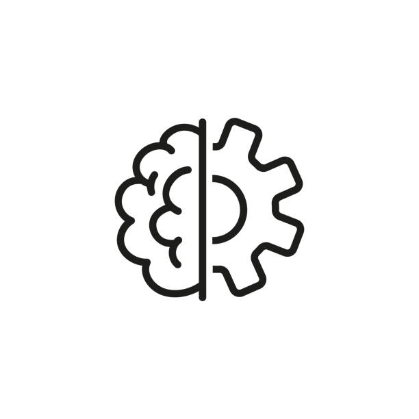 Brain and gear line icon Brain and gear line icon. Idea, solution, innovation. Artificial intelligence concept. Vector illustration can be used for topics like science, engineering, technology half full stock illustrations