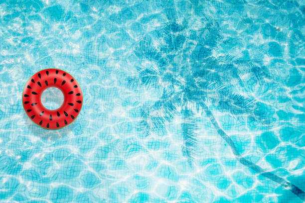 istock Pool floats, rings floating in a refreshing blue swimming pool with palm tree leaf shadows in water 975667350