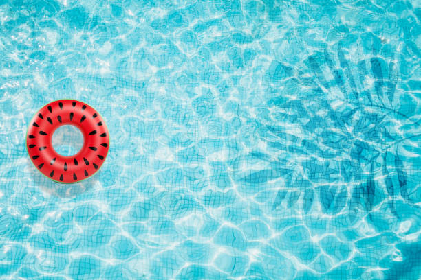 istock Pool floats, rings floating in a refreshing blue swimming pool with palm tree leaf shadows in water 975667366