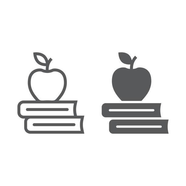 Apple on the books line and glyph icon, school and education, library sign vector graphics, a linear pattern on a white background, eps 10. Apple on the books line and glyph icon, school and education, library sign vector graphics, a linear pattern on a white background, eps 10. teacher stock illustrations