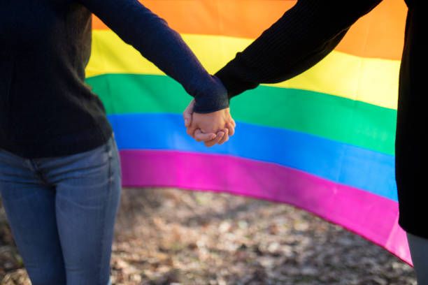 istock Happy lesbian couple holding hands over rainbow flag background 975671676