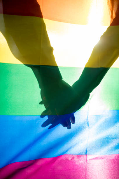 istock Happy lesbian couple holding hands over rainbow flag background 975676066