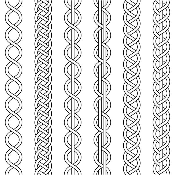 ilustrações de stock, clip art, desenhos animados e ícones de rope cable weaving, knot twisted braid, macrame crochet weaving, braid knot, vector knitted braided pattern intersecting strands wicker, set - wicker backgrounds textured pattern