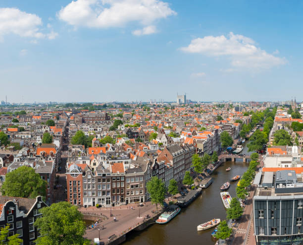 istock Panoramic view over springtime Amsterdam with the famous canals 975677116