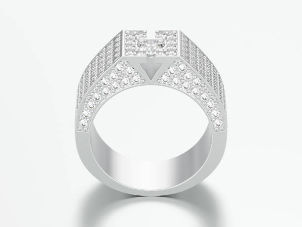 istock 3D illustration white gold or silver diamond signet ring 975677188