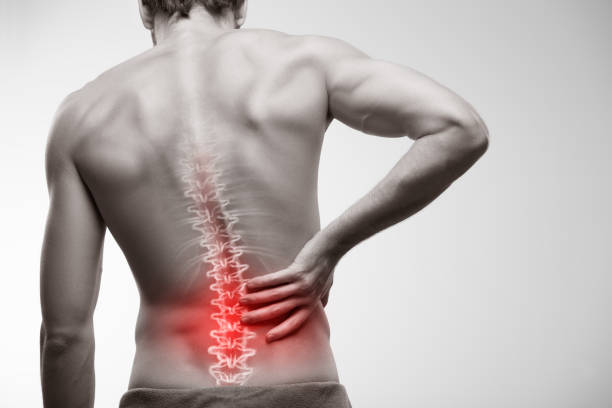 Lower back pain. Male torso seen from behind. back pain stock pictures, royalty-free photos & images