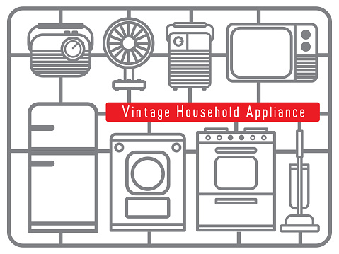 Vintage household appliances are illustrated as plastic-looked assembly kit in grey and linked with name tag in red.