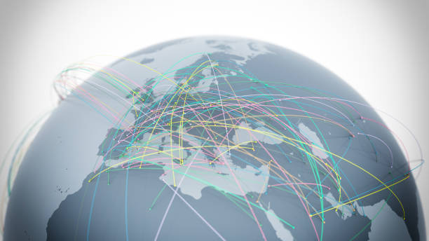 Global Communications (World Map Credits To NASA) Colorful lines on the futuristic globe connecting the cities of Europe. global communications white stock pictures, royalty-free photos & images