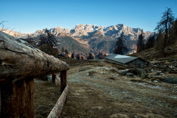 brenta dolomites em madonna di campiglio - meadow autumn hiking mountain - fotografias e filmes do acervo