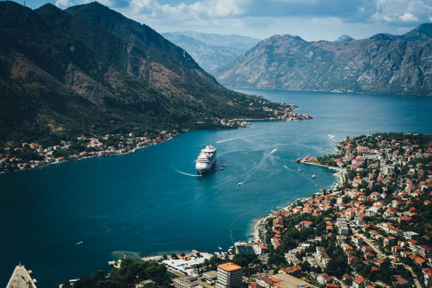 City of Kotor Aerial View of Kotor bay. Cruise ship docked in beautiful summer day. adriatic sea stock pictures, royalty-free photos & images
