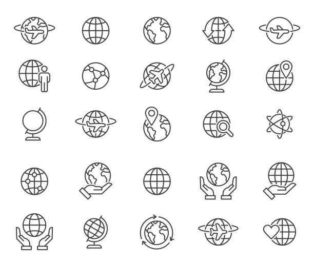 übersicht welt globen icons set - strich icon stock-grafiken, -clipart, -cartoons und -symbole