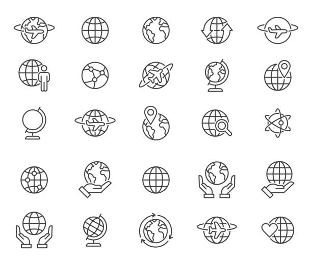 Outline world globes icons set simple set of thin line globe related icons elements for travel and tourism concepts and apps planet earth stock illustrations