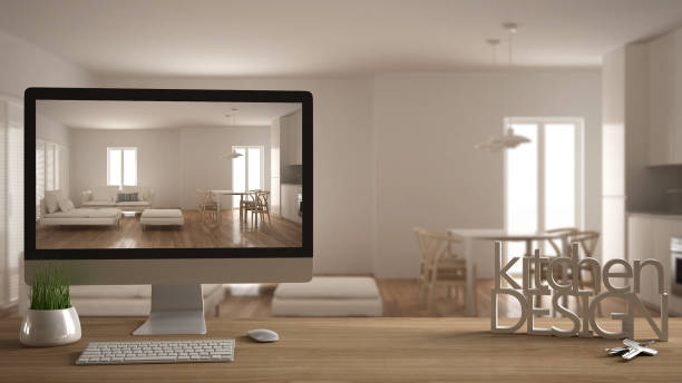 istock Architect designer project concept, wooden table with keys, 3D letters words kitchen design and desktop showing draft, blurred space in the background, white interior design 975701526