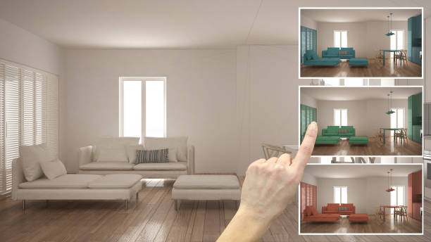 istock Architect designer concept, hand showing living room with kitchen colors in different options, interior design project draft, color picker, material sample 975701564