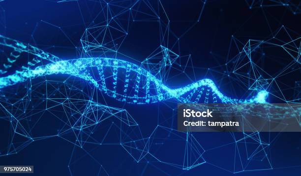 Dna Helix Model Medicine And Network Connection Lines For Technology Concept On Blue Background 3d Illustration Stock Photo - Download Image Now