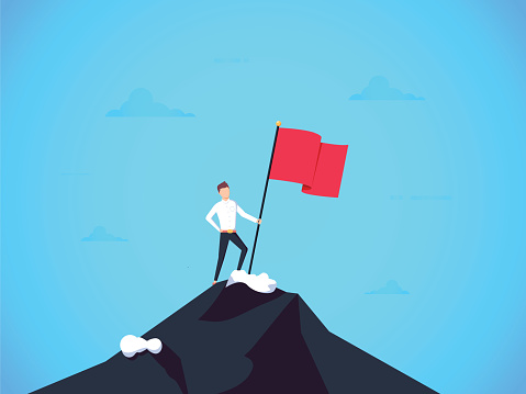 Business leader vector concept with businessman planting flag on top of mountain. Symbol of success, achievement victory, top career and leadership. Eps10 vector illustration. Top manager talent